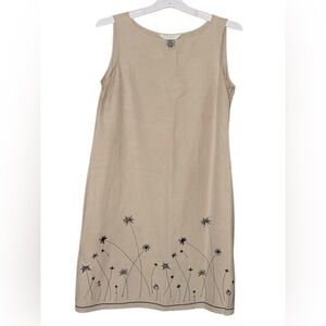 •OUTFIT JPR•BEIGE SLEEVELESS SILK-LINEN DRESS BLACK FLORAL EMBROIDER SIZE MP